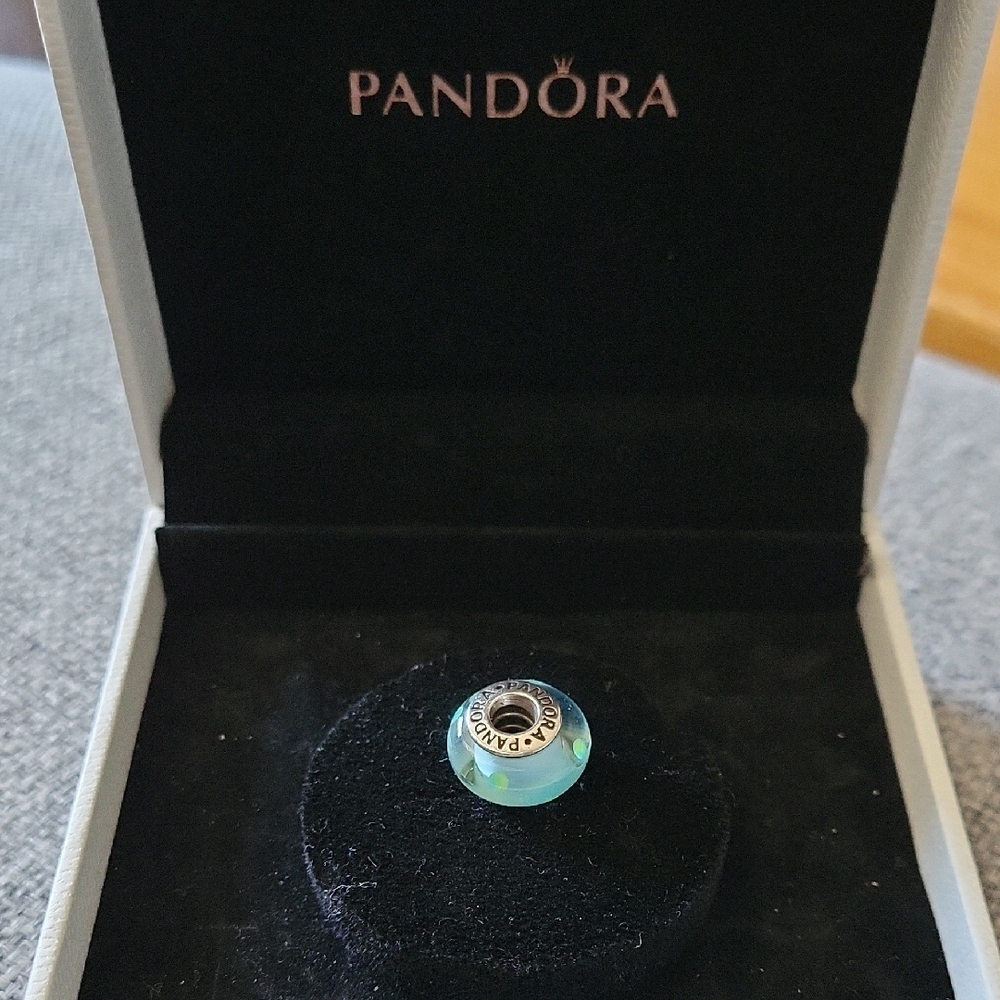 Pandora Teal Blue Murano Glass w Green and Yellow Polka Dot Charm Bead